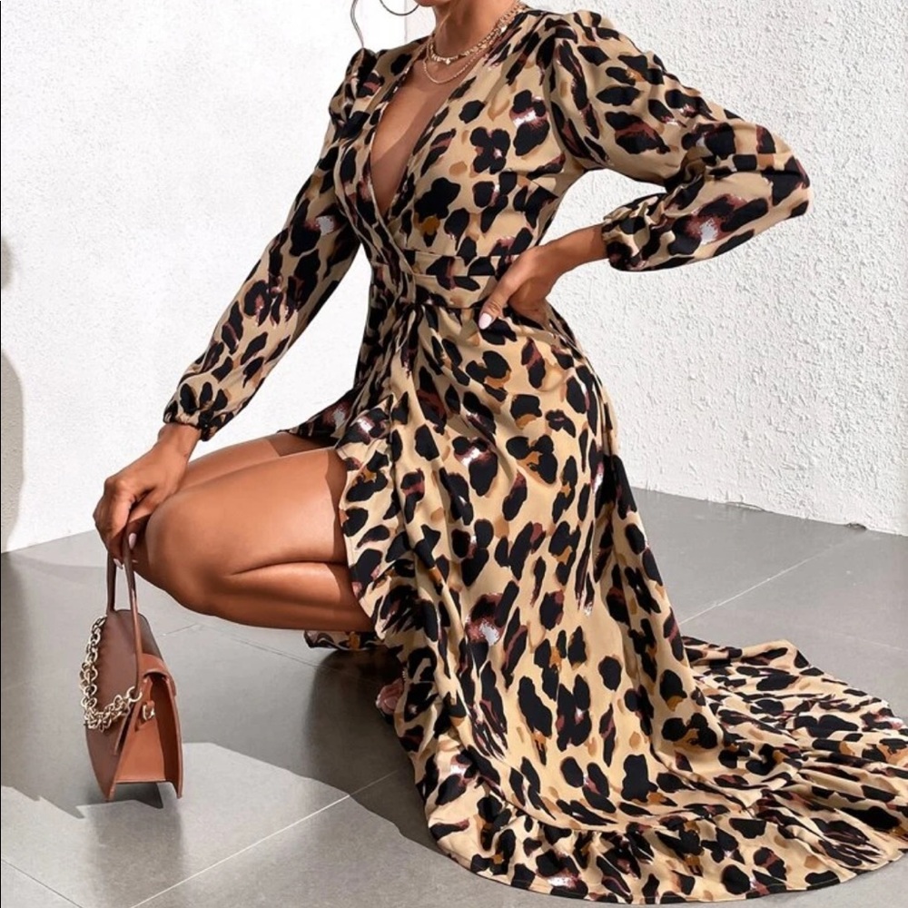 Leopard Print Wrap Belted Maxi Dress